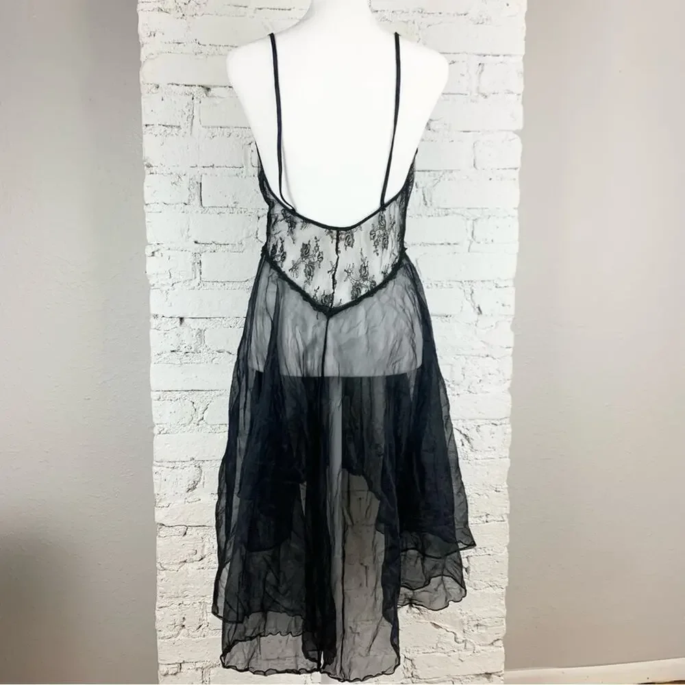 Vintage Tres Chic Nylon Deep V Front Tie Cutout Lace Babydoll Chemise Small - Picture 3 of 9